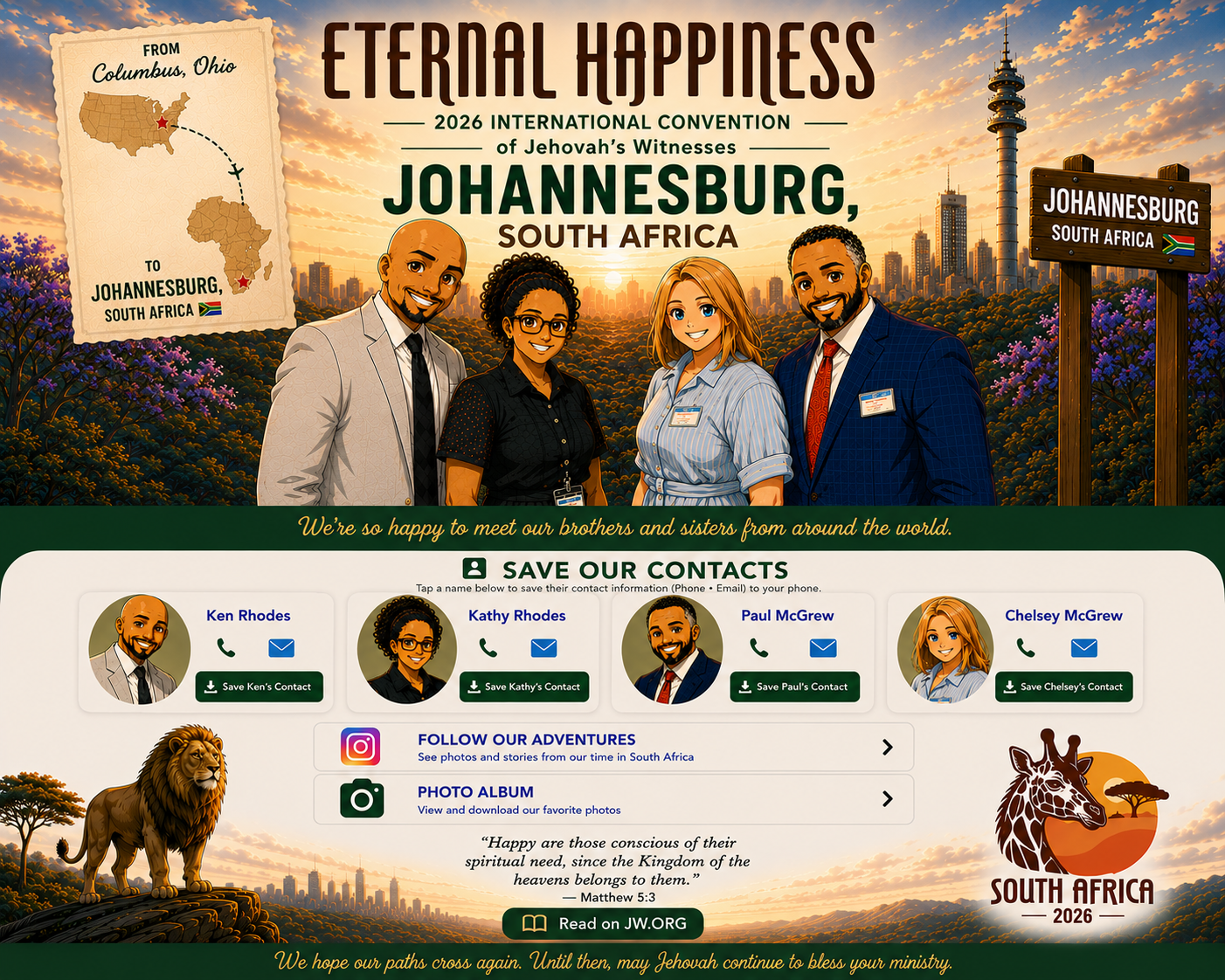 Eternal Happiness Johannesburg 2026 contact page for Ken and Kathy Rhodes and Paul and Chelsey McGrew.